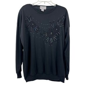 Naomi Bee Black Embellished Floral Long Sleeve Sweatshirt Women's Sz‎ 42 VIntage